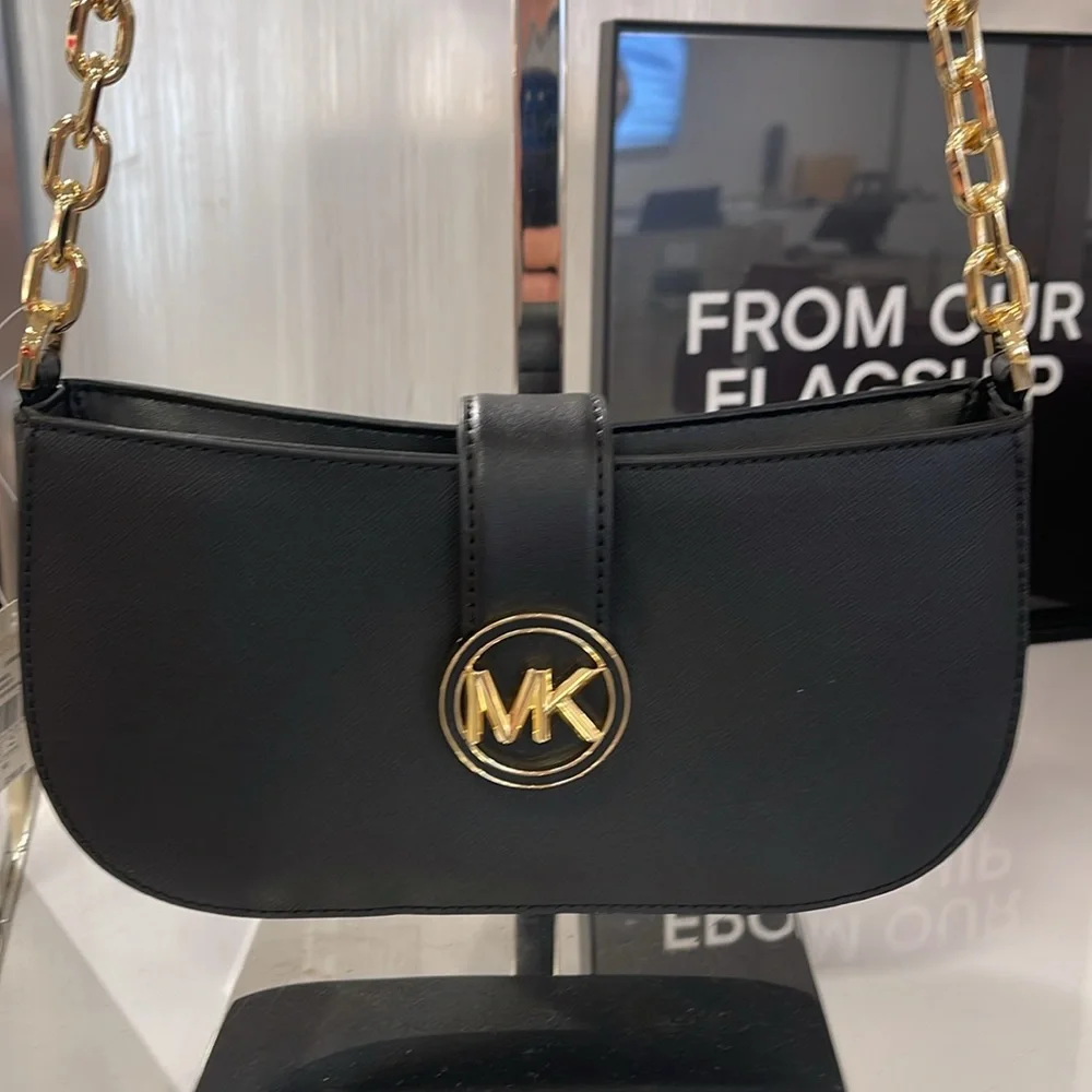 MICHAEL KORS CARMEN SMALL POUCHETTE SHOULDER CHAIN BAG BLACK/GOLD TONED HARDWARE - Picture 2 of 16